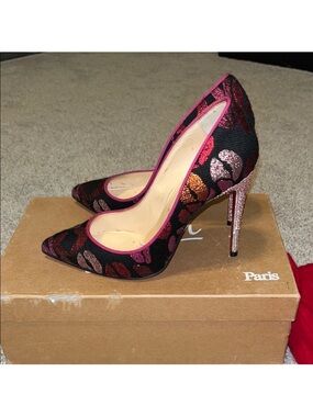 Christian Louboutin Black Floral Pointed Toe Stiletto Heels with Pink Trim